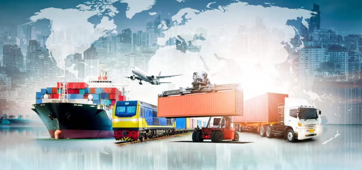Logística multimodal: buque, tren, avión, montacargas y tractocamión